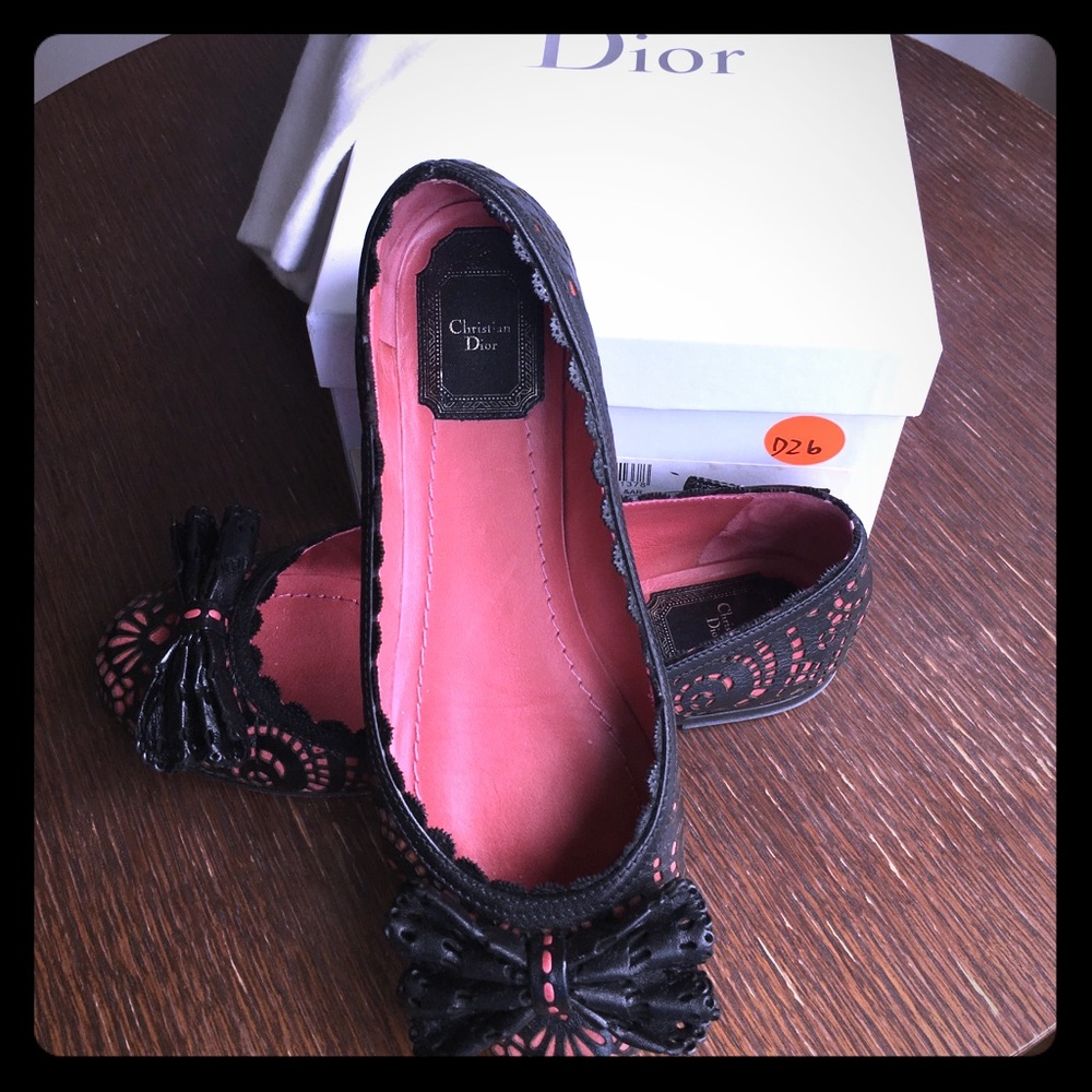 Dior laser-cut leather flats, pink/black, size 37